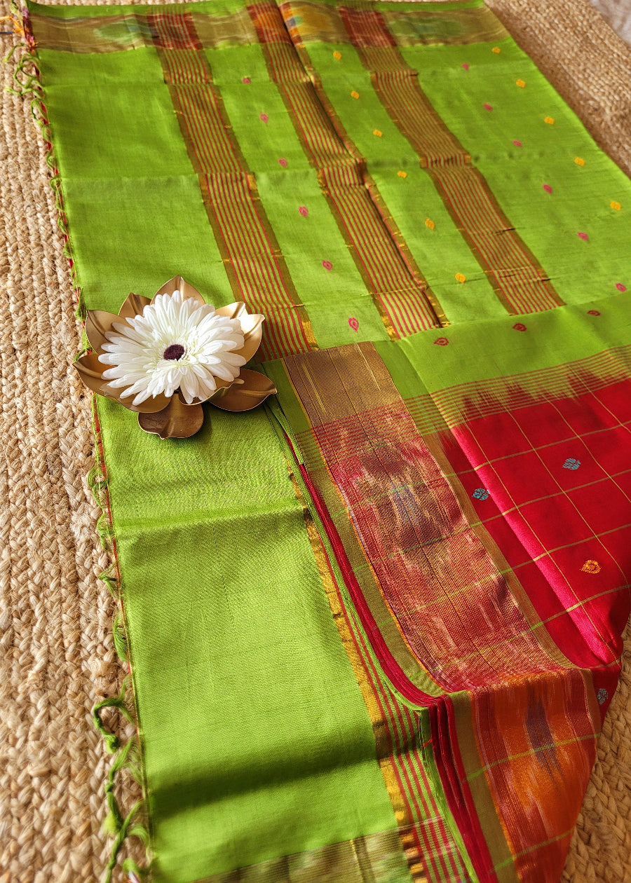 Checked Design Maroon And Leaf Green Silk Cotton Saree- TN