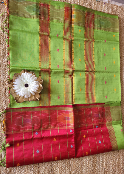Checked Design Maroon And Leaf Green Silk Cotton Saree- TN