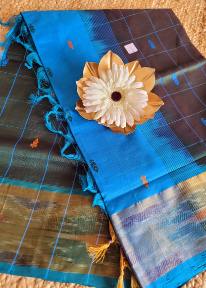 Checked Design Bottle Green And Blue Silk Cotton Saree-TN