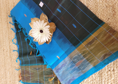 Checked Design Bottle Green And Blue Silk Cotton Saree-TN