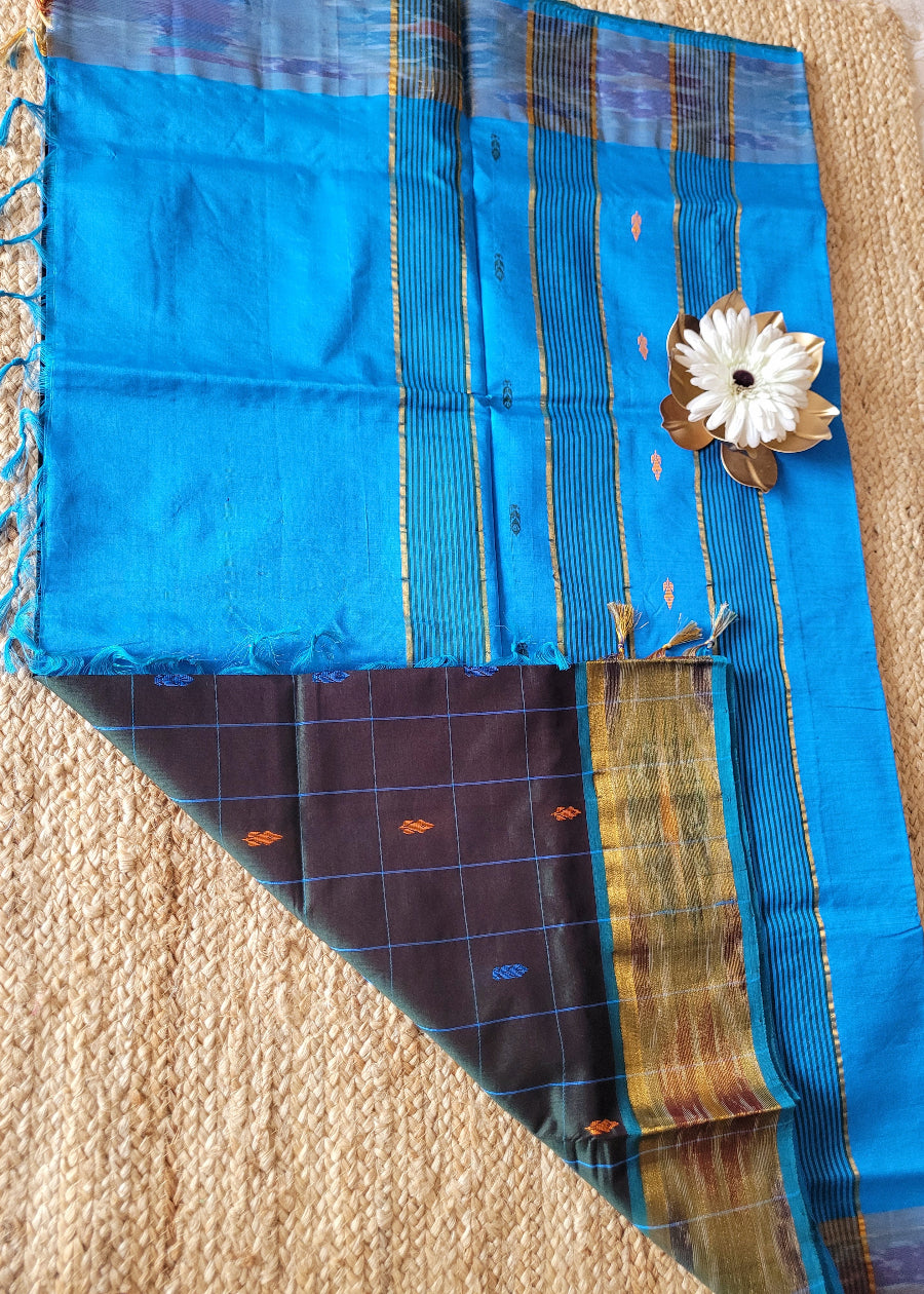 Checked Design Bottle Green And Blue Silk Cotton Saree-TN