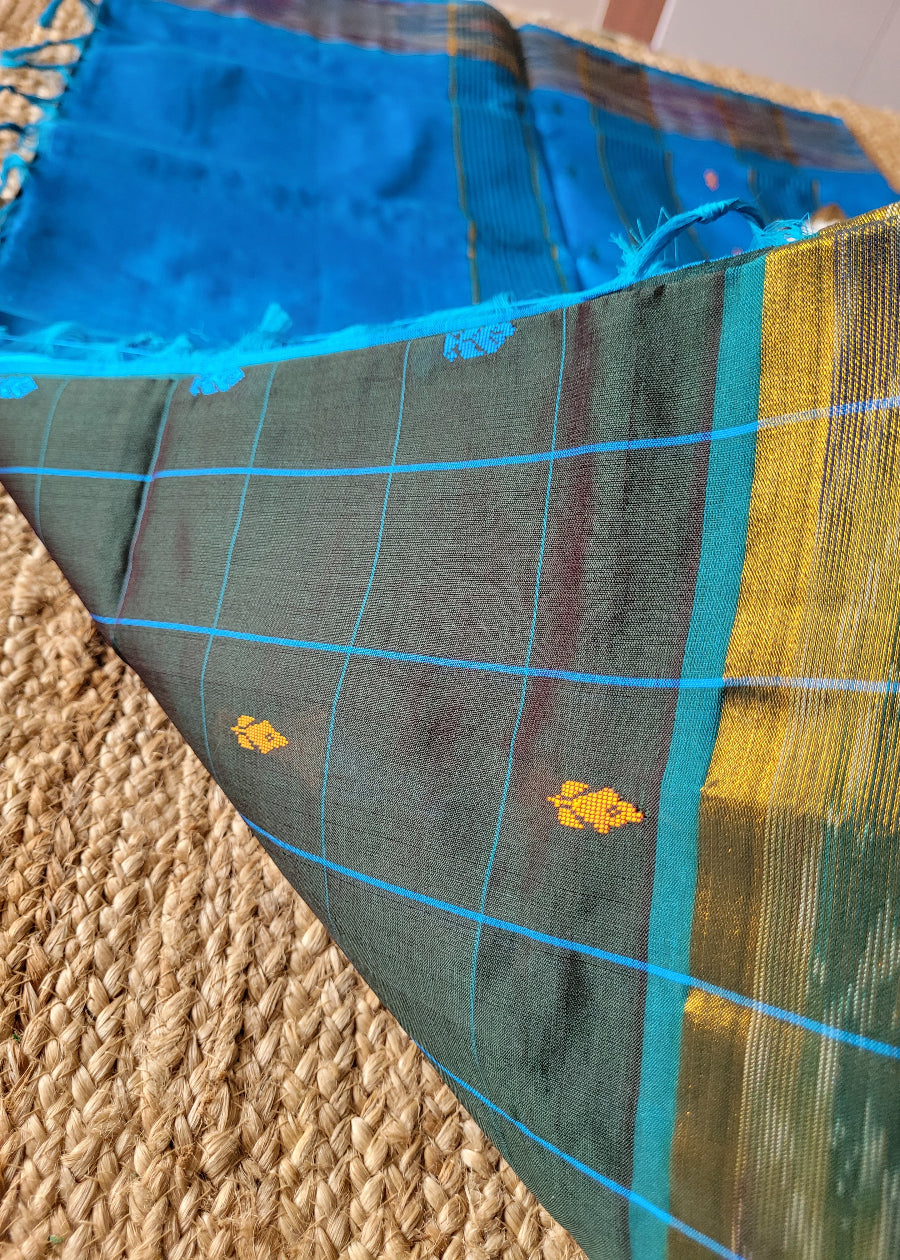 Checked Design Bottle Green And Blue Silk Cotton Saree-TN