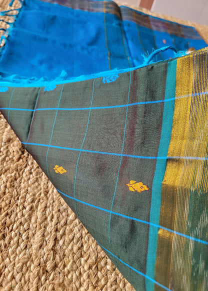 Checked Design Bottle Green And Blue Silk Cotton Saree-TN