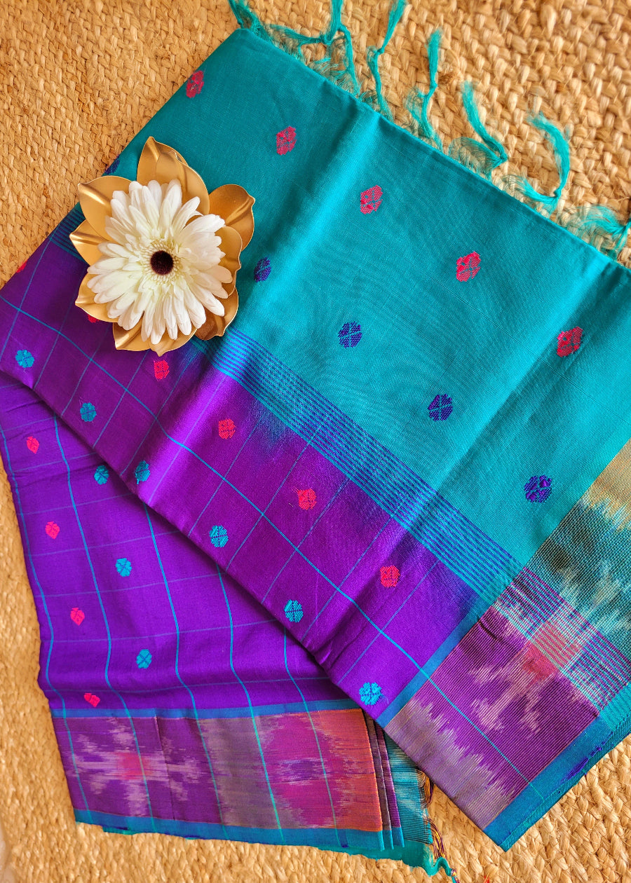 Checked Design Purple And Rama Blue Silk Cotton Saree-TN