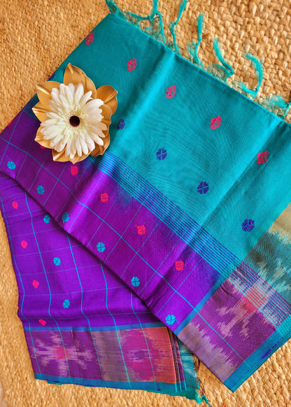 Checked Design Purple And Rama Blue Silk Cotton Saree-TN