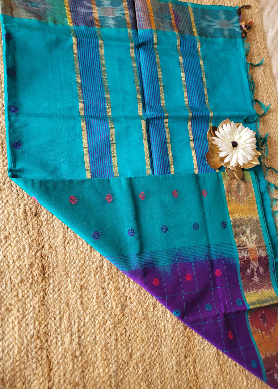 Checked Design Purple And Rama Blue Silk Cotton Saree-TN