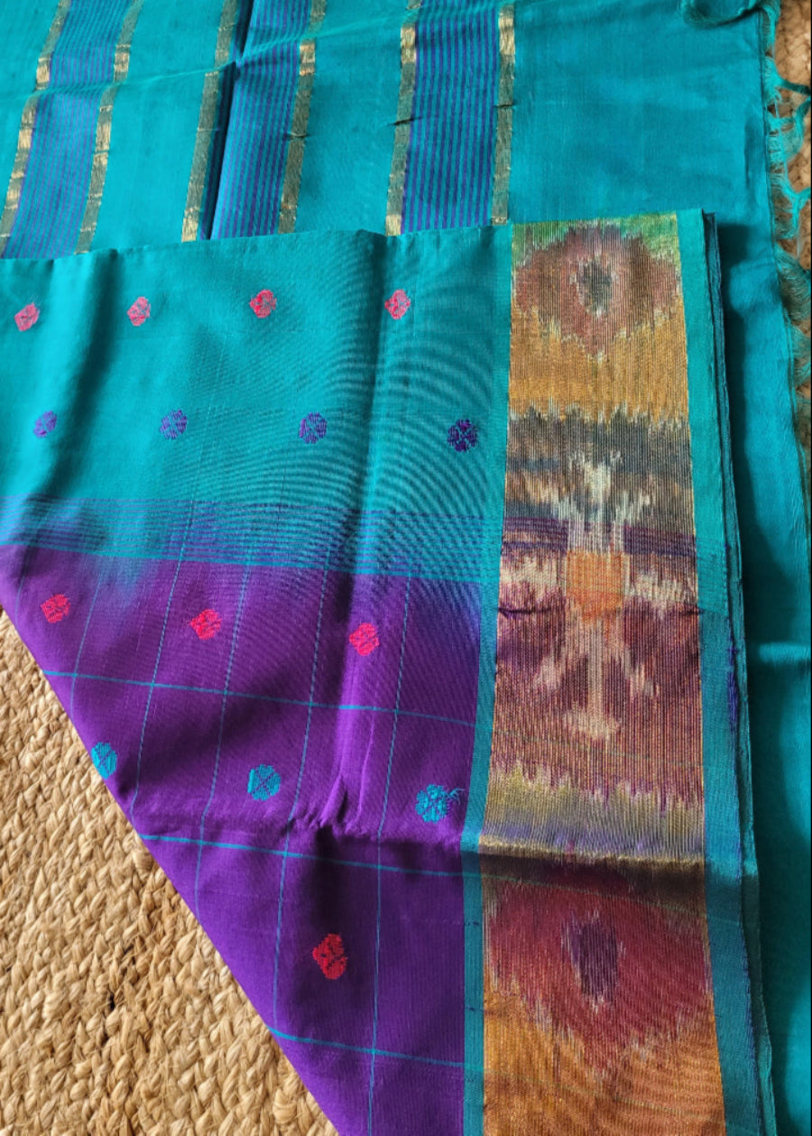 Checked Design Purple And Rama Blue Silk Cotton Saree-TN