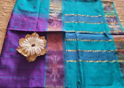 Checked Design Purple And Rama Blue Silk Cotton Saree-TN