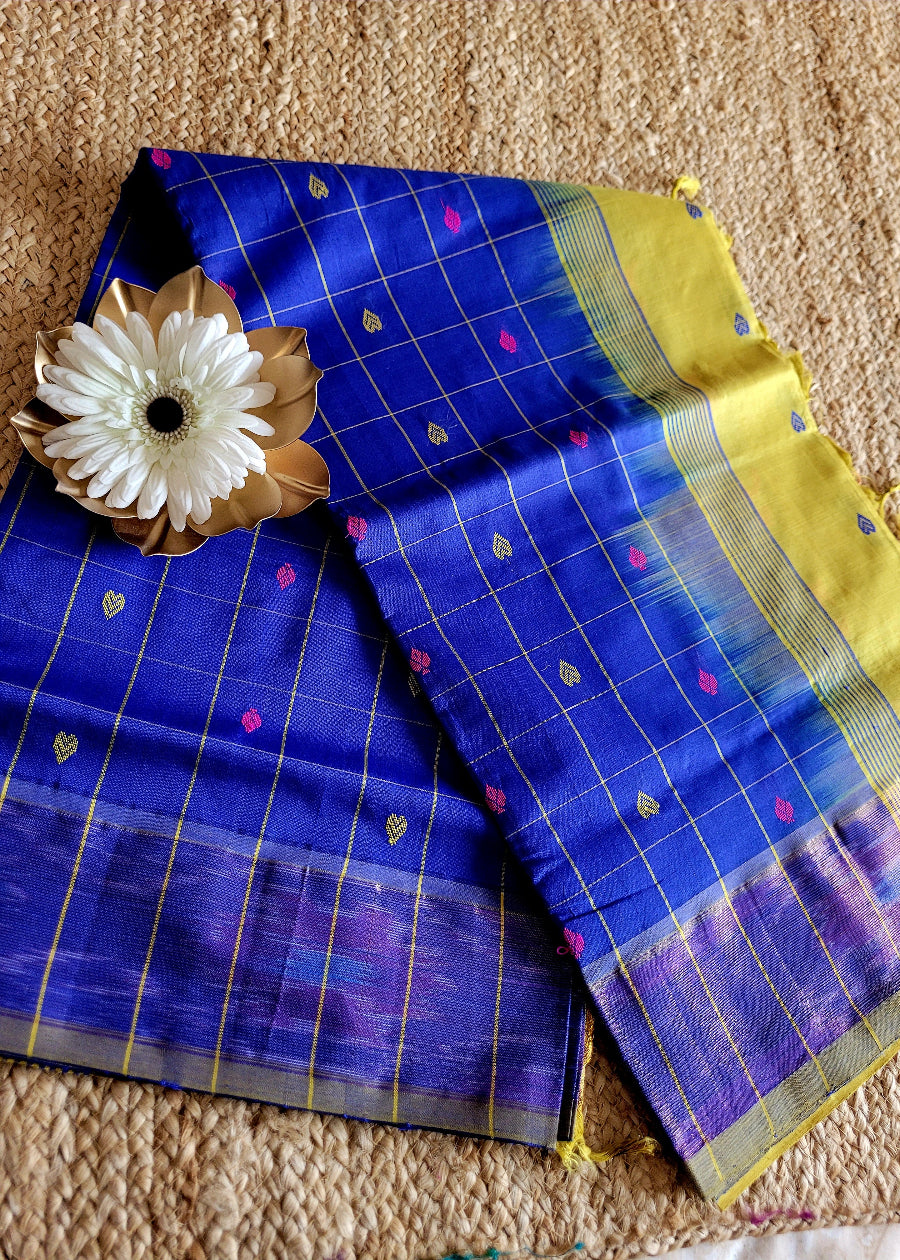 Checked Design Royal Blue And Yellow Silk Cotton Saree-TN