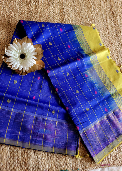 Checked Design Royal Blue And Yellow Silk Cotton Saree-TN