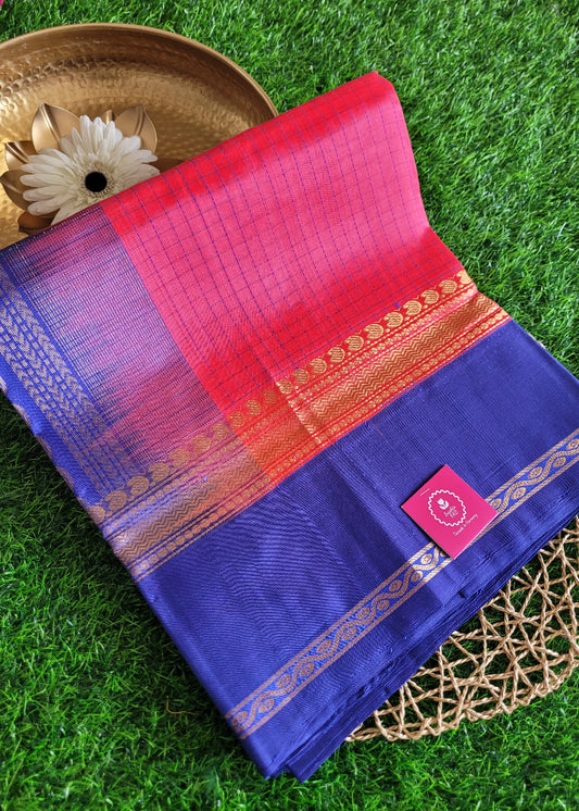 Pink And Ink Blue Pure Silk -Cotton Saree-TN
