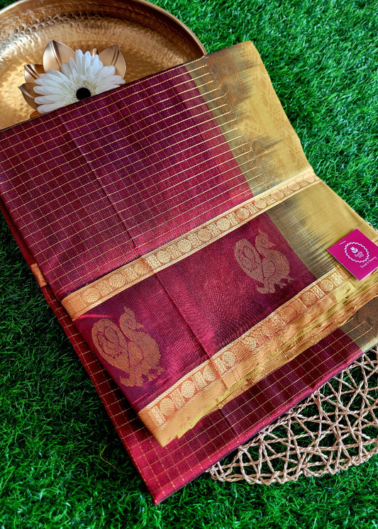 Dark Maroon And Golden Yellow Silk-Cotton Saree- TN