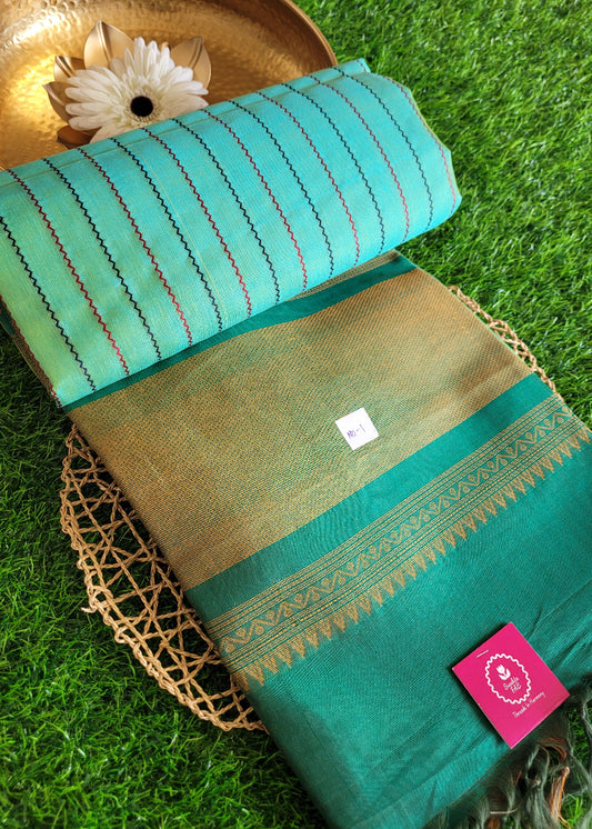 Turquoise And Green Pure Silk-Cotton Saree- TN