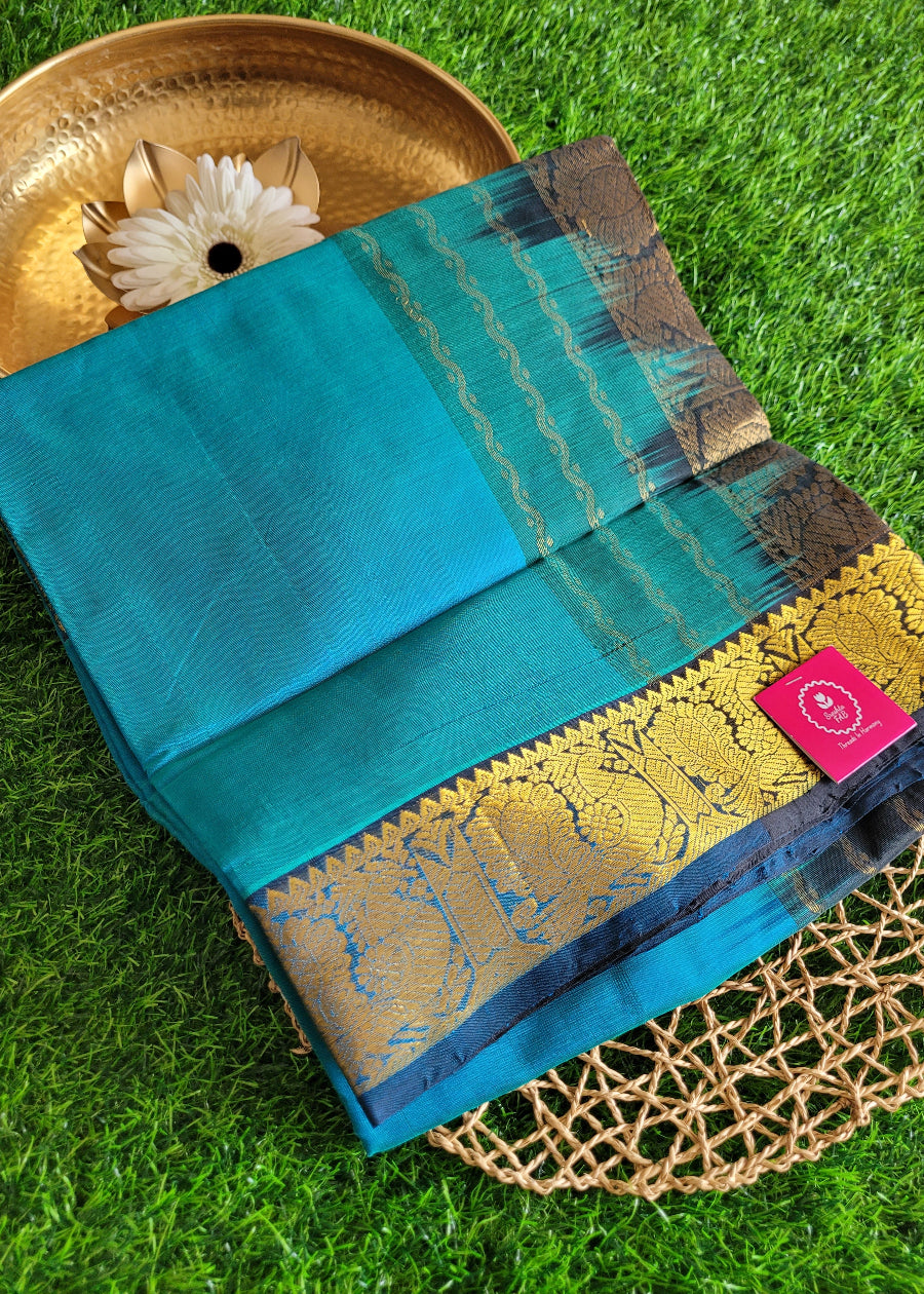 Peacock Blue And Black Pure Silk -Cotton Saree- TN
