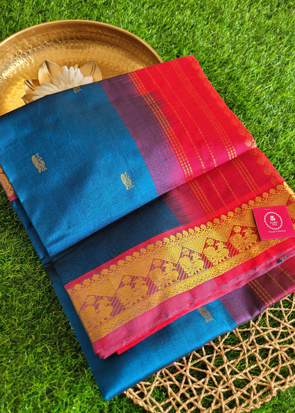 Peacock Blue And Dark Pink Pure Silk- Cotton Saree- TN
