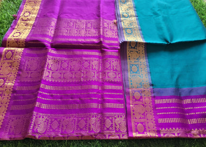 Peacock Blue And Purple Pure Silk -Cotton Saree- TN