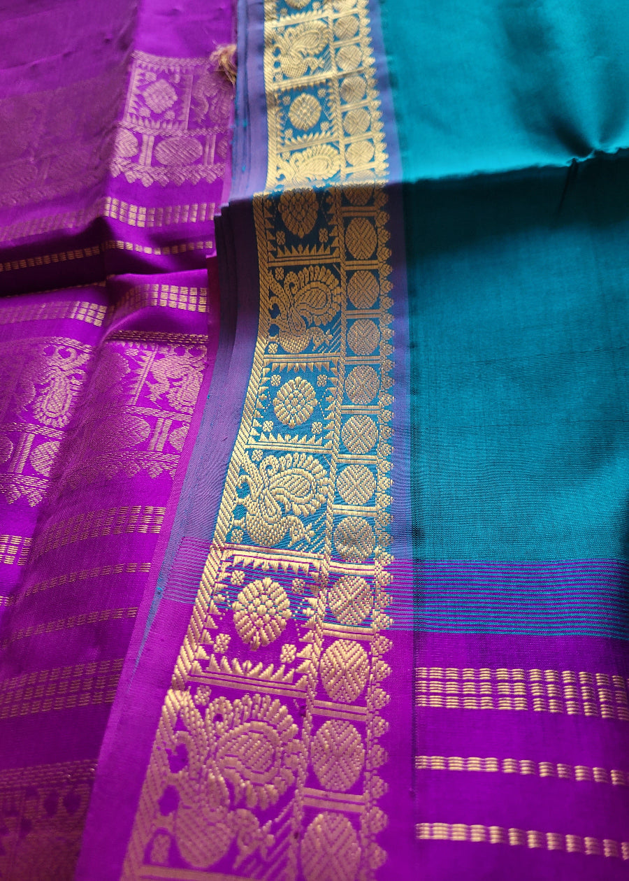 Peacock Blue And Purple Pure Silk -Cotton Saree- TN
