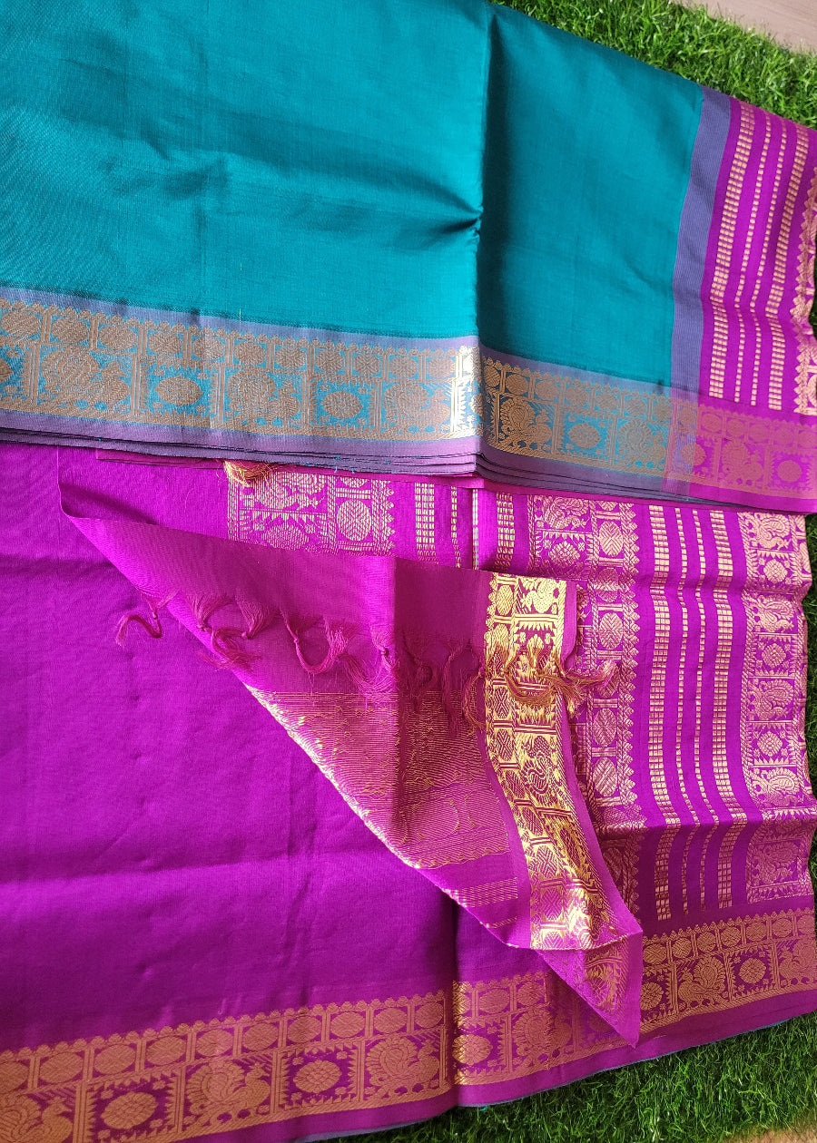 Peacock Blue And Purple Pure Silk -Cotton Saree- TN