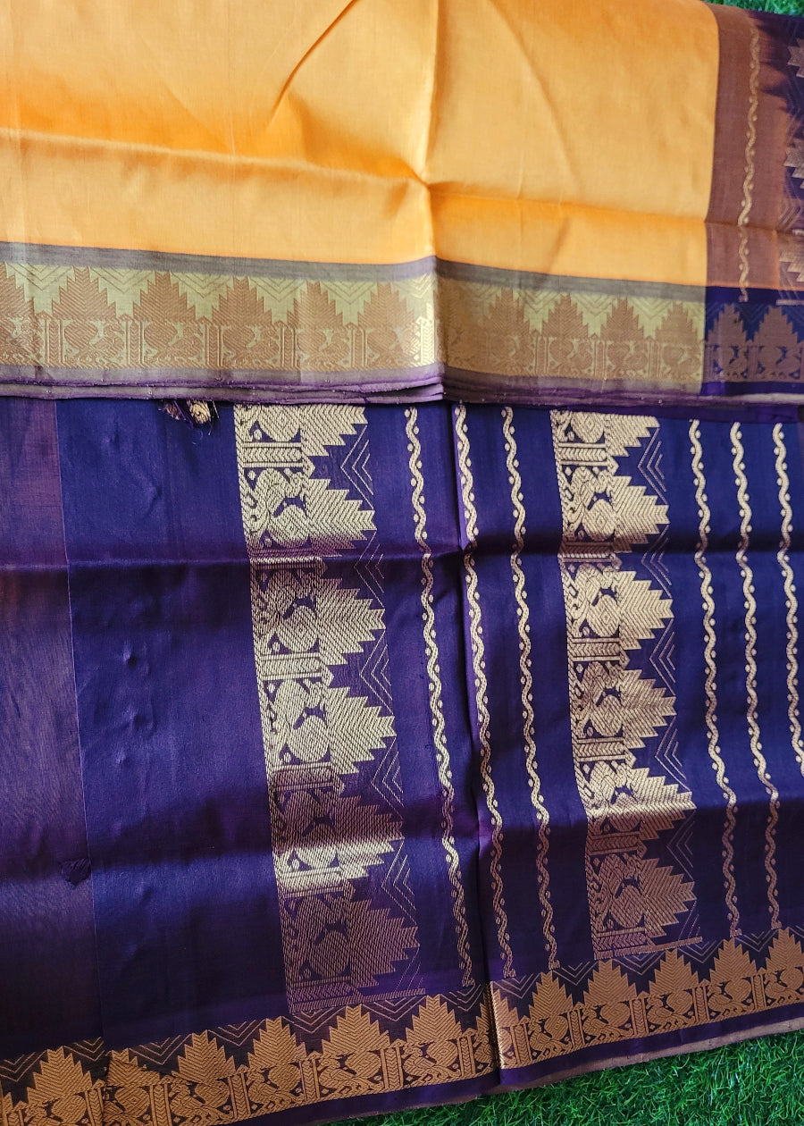 Yellow And Dark Brown Pure Silk Cotton Saree- TN