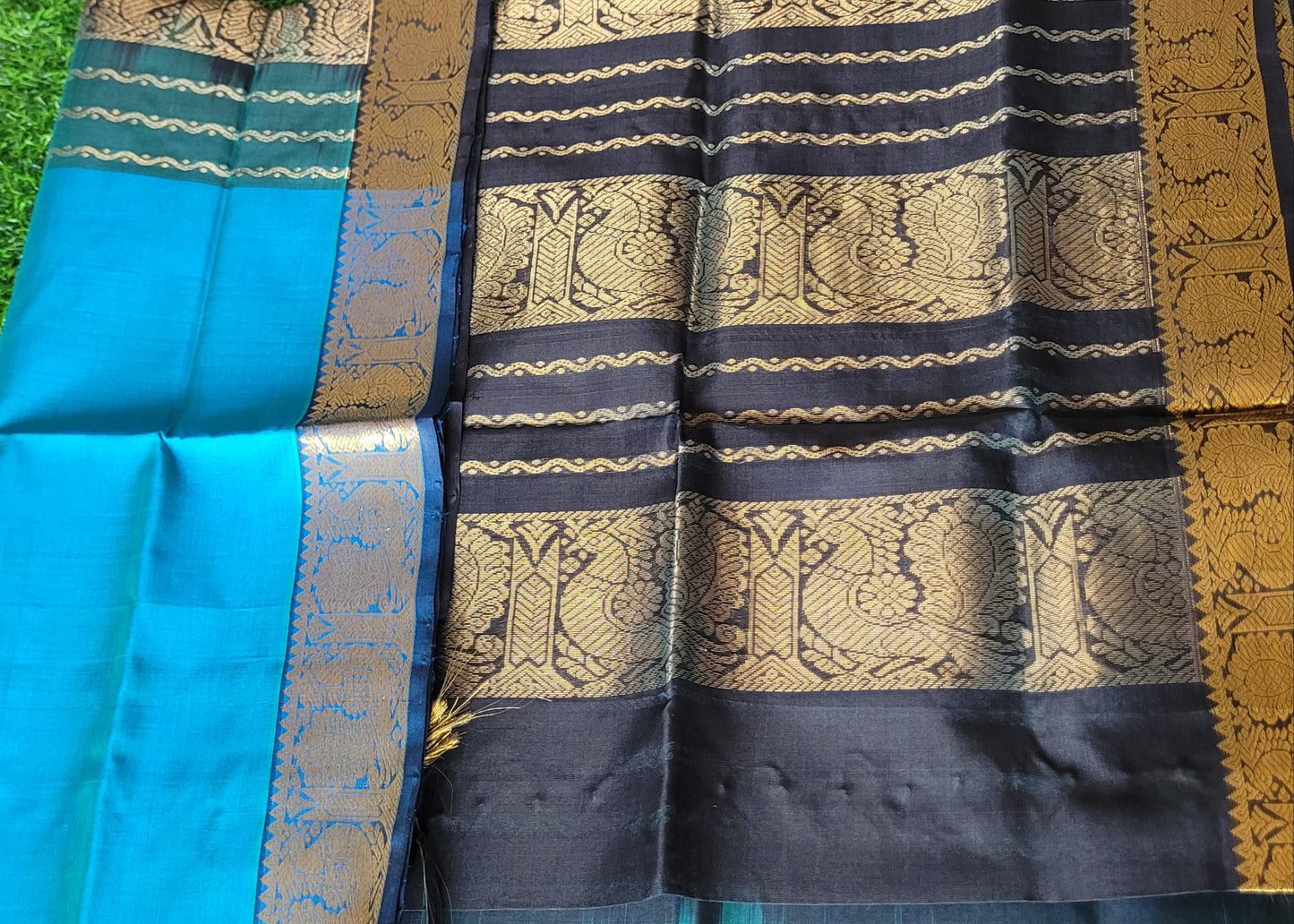 Peacock Blue And Black Pure Silk -Cotton Saree- TN