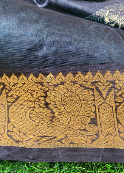 Peacock Blue And Black Pure Silk -Cotton Saree- TN