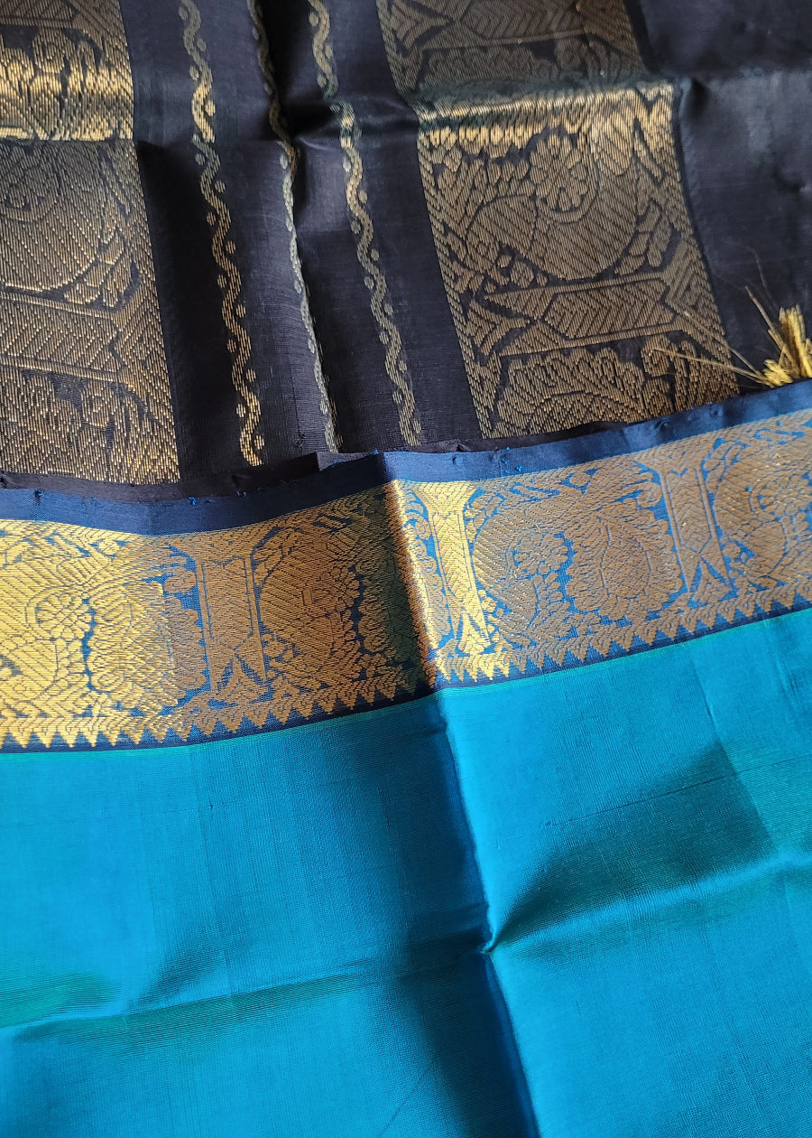 Peacock Blue And Black Pure Silk -Cotton Saree- TN