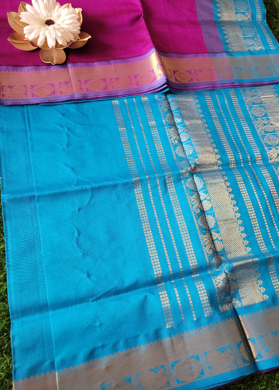 Purple And Blue Pure Silk-Cotton Saree- TN