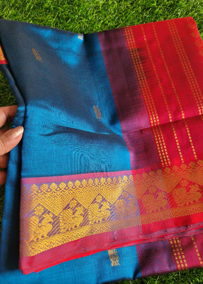 Purple And Blue Pure Silk-Cotton Saree- TN