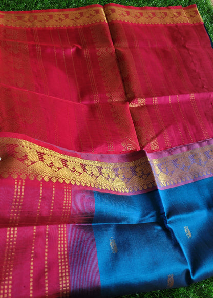 Peacock Blue And Dark Pink Pure Silk- Cotton Saree- TN
