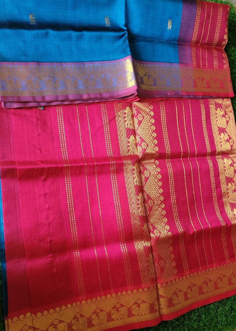Peacock Blue And Dark Pink Pure Silk- Cotton Saree- TN