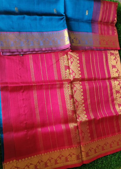 Peacock Blue And Dark Pink Pure Silk- Cotton Saree- TN
