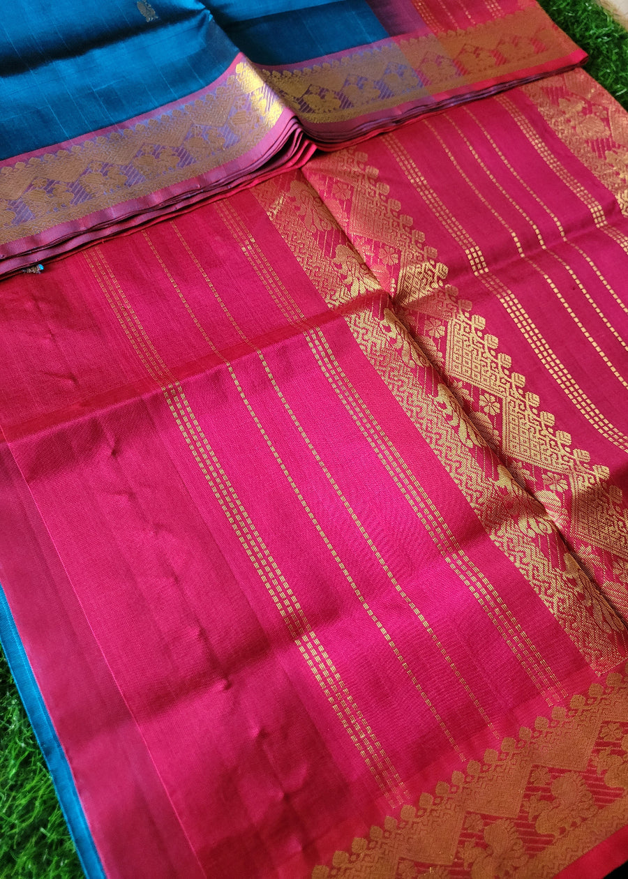 Peacock Blue And Dark Pink Pure Silk- Cotton Saree- TN