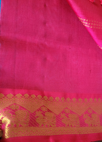 Peacock Blue And Dark Pink Pure Silk- Cotton Saree- TN