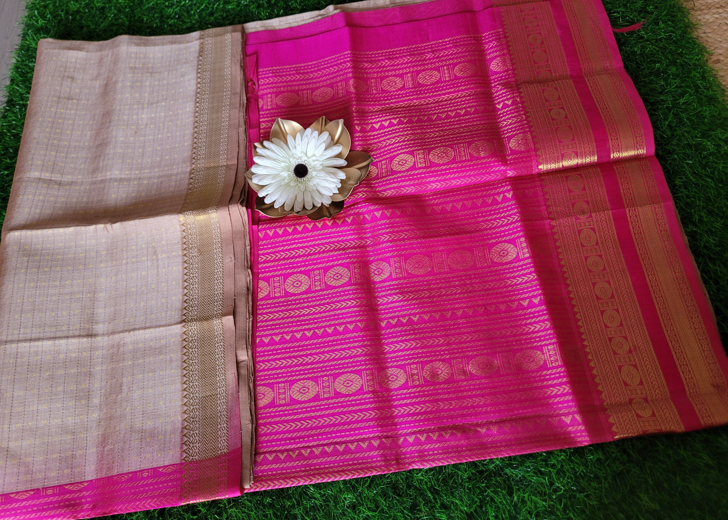 Lakshadeepam Style Beige And Pink Pure Silk- cotton Saree-TN