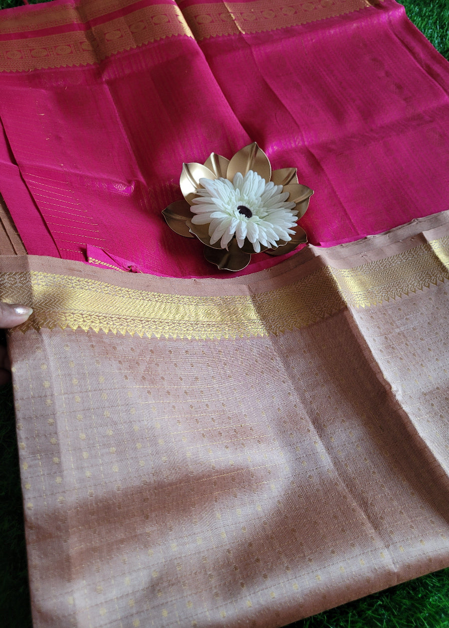 Lakshadeepam Style Beige And Pink Pure Silk- cotton Saree-TN
