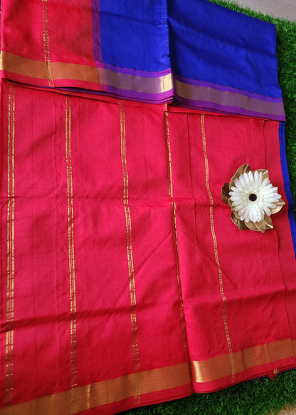 Royal Blue And Red Pure Silk Cotton Saree-TN