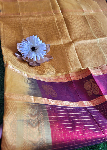 Dark Maroon And Golden Yellow Silk-Cotton Saree- TN