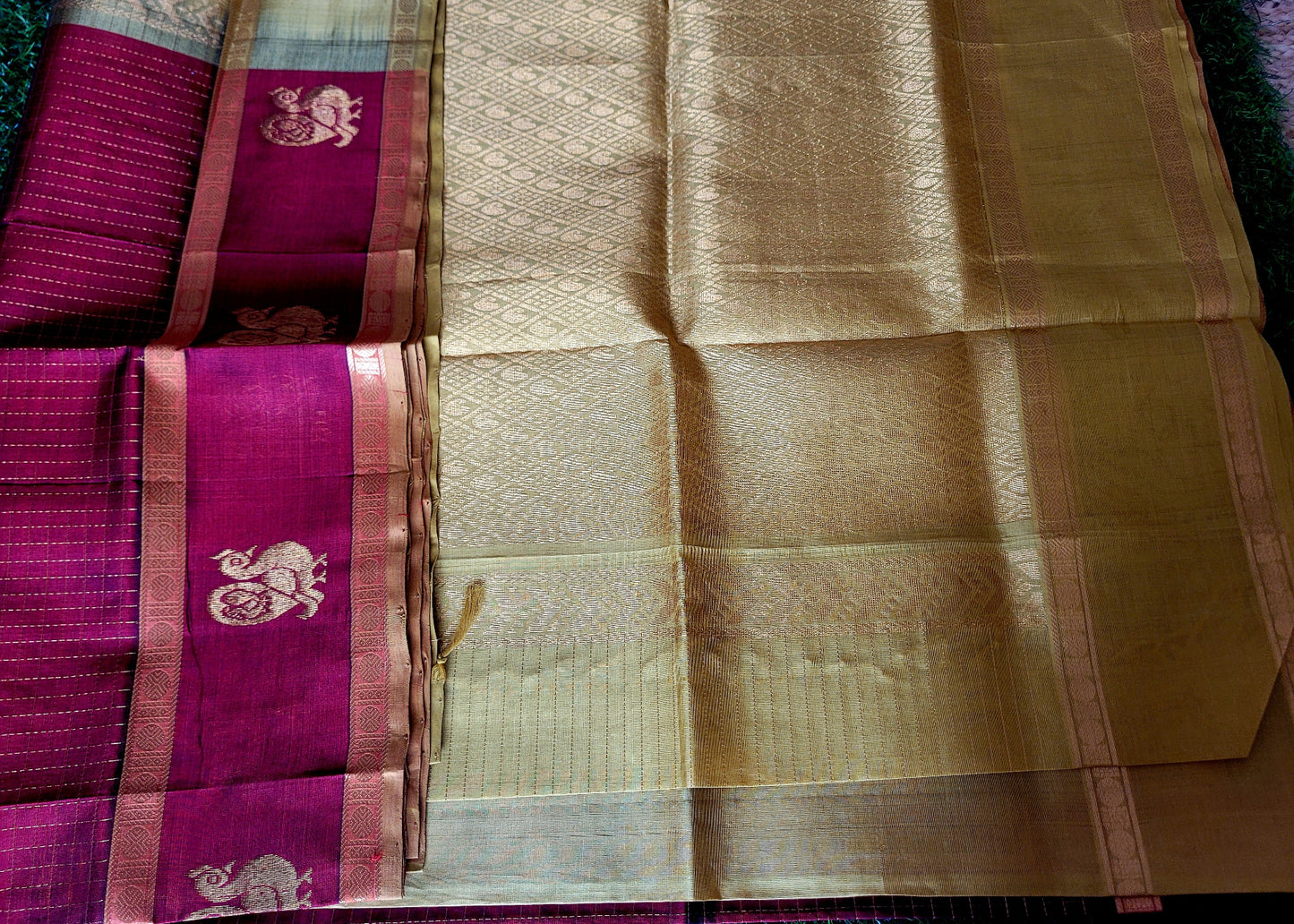 Dark Maroon And Golden Yellow Silk-Cotton Saree- TN