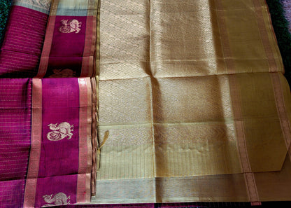Dark Maroon And Golden Yellow Silk-Cotton Saree- TN