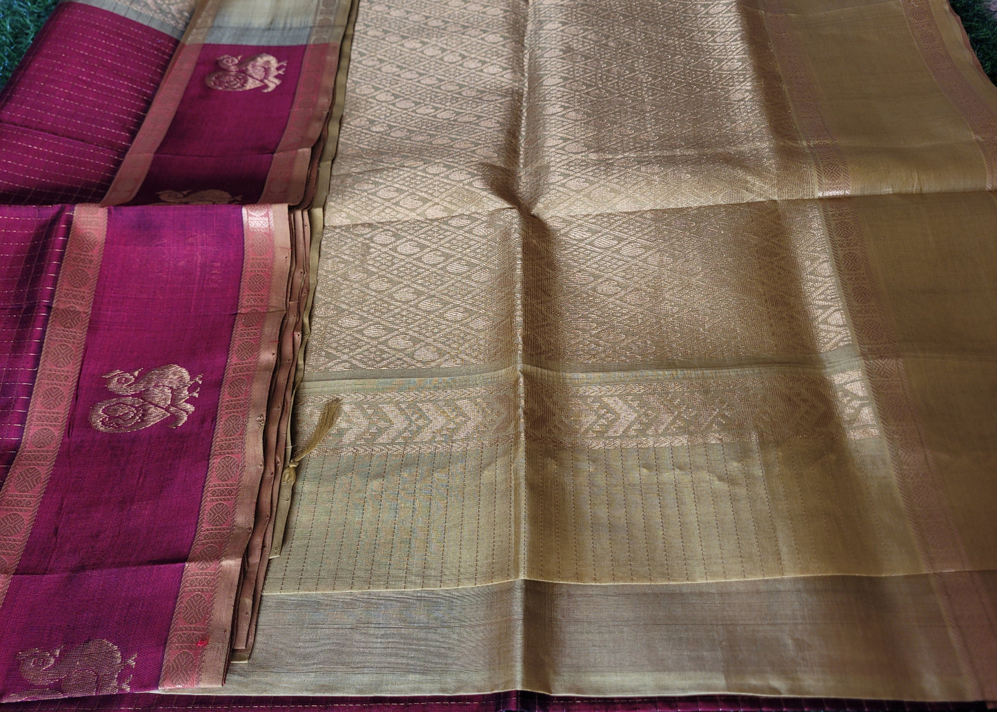 Dark Maroon And Golden Yellow Silk-Cotton Saree- TN