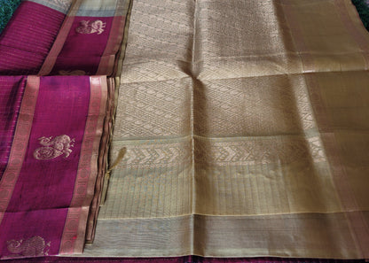 Dark Maroon And Golden Yellow Silk-Cotton Saree- TN