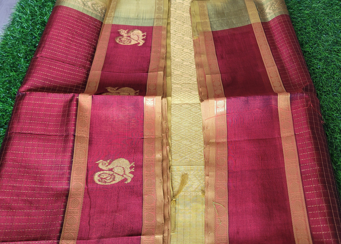 Dark Maroon And Golden Yellow Silk-Cotton Saree- TN