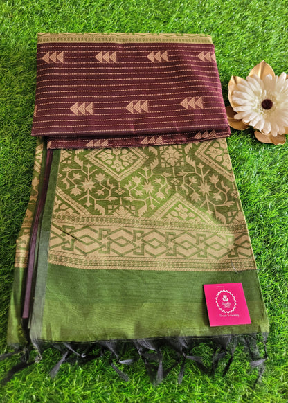 Coffee Brown And Green Cotton Saree- TN