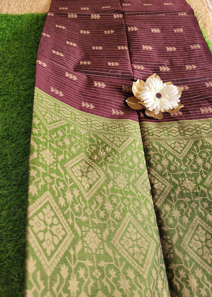 Coffee Brown And Green Cotton Saree- TN