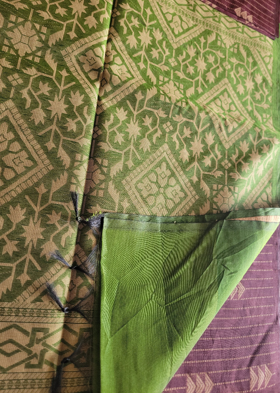 Coffee Brown And Green Cotton Saree- TN