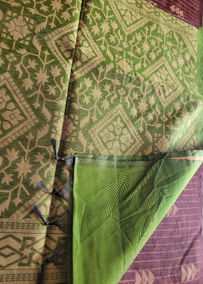 Coffee Brown And Green Cotton Saree- TN