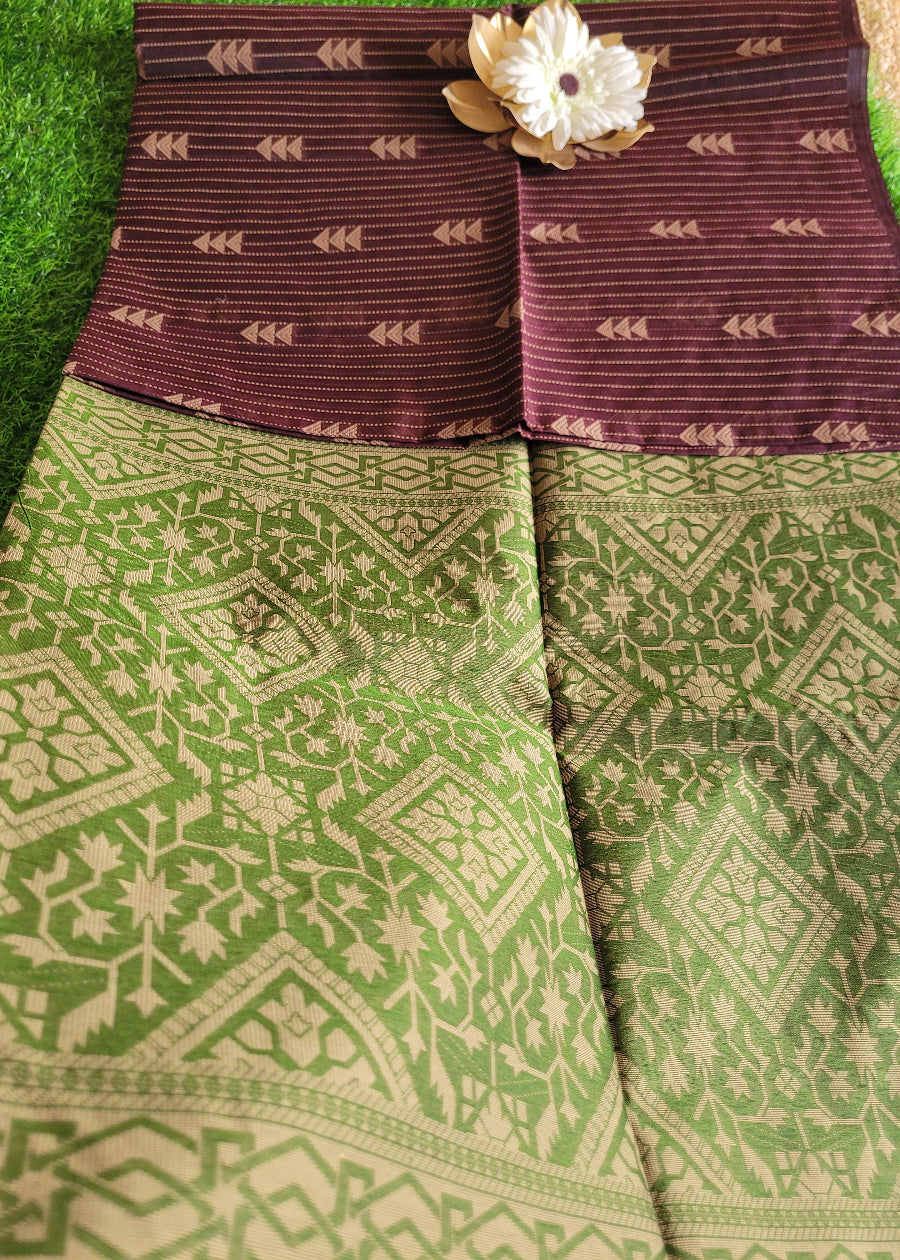 Coffee Brown And Green Cotton Saree- TN