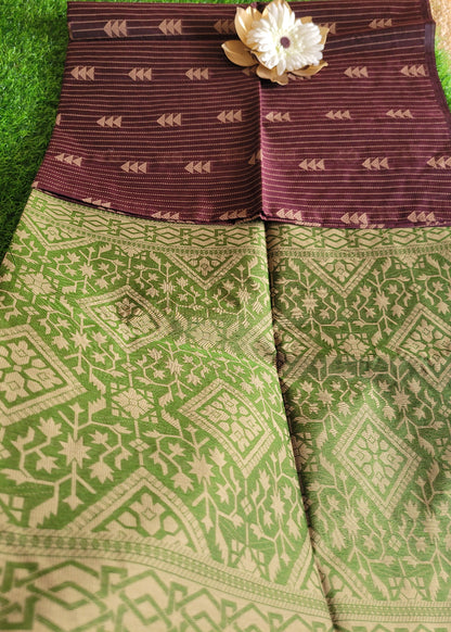 Coffee Brown And Green Cotton Saree- TN