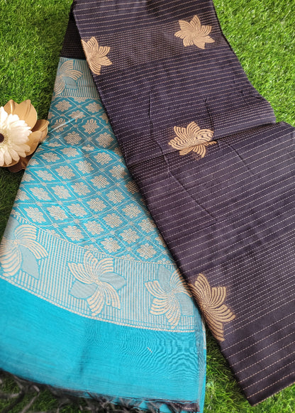 Dark Navy And Light Blue Cotton Saree- TN