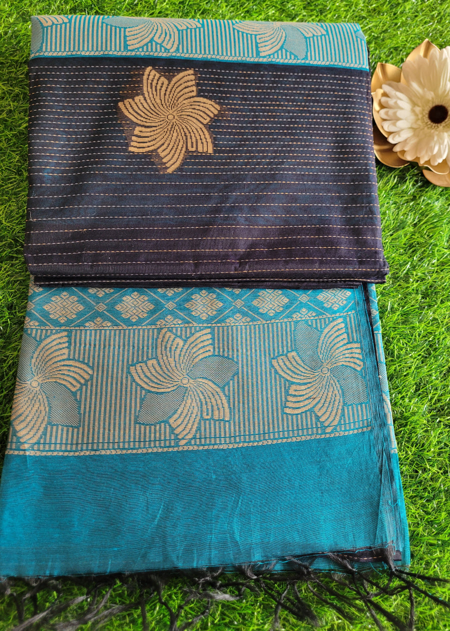 Dark Navy And Light Blue Cotton Saree- TN